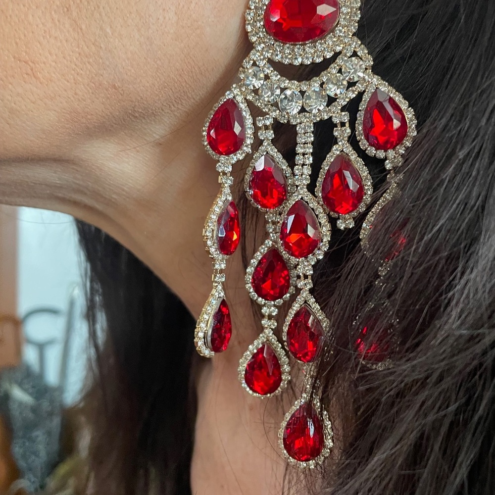 Statement Ruby Red Chandelier Earrings Pierced Pr… - image 2